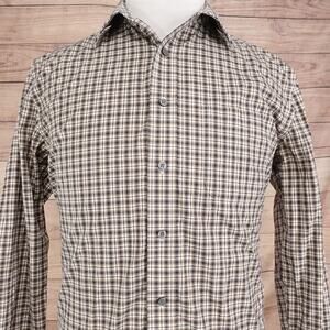 Jos A Bank Traveler Dress Shirt Mens Medium Brown Check Tailored Fit Long Sleeve